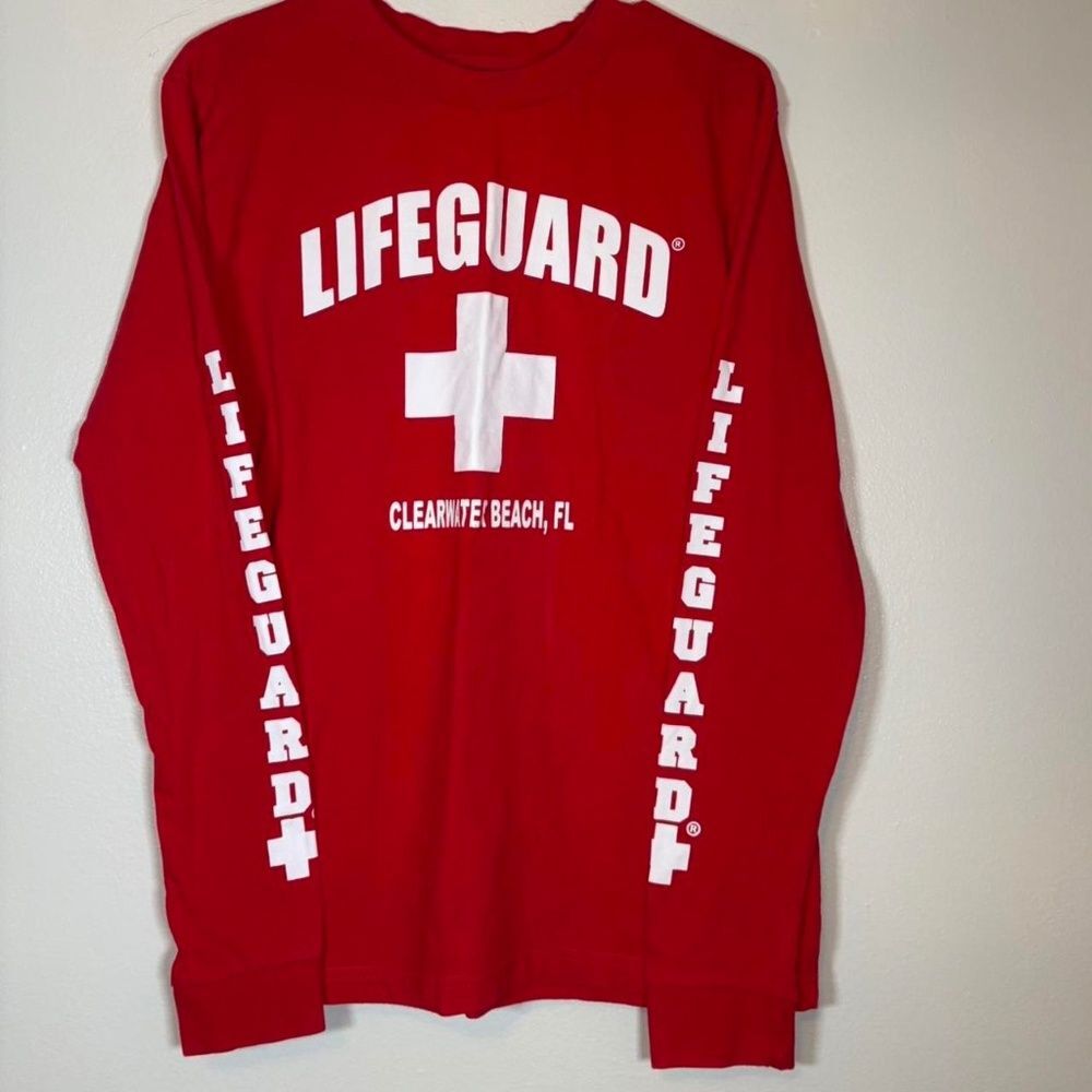 Red and white Lifeguard Clearwater Beach Florida long sleeve tee